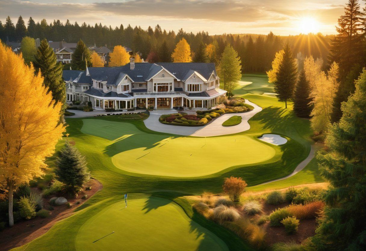 A breathtaking aerial view of the pristine and lush Overlake Golf Club, with an elegant clubhouse, perfectly manicured greens, and members enjoying exclusive amenities like golfing, fine dining, and social events. Sunlight casts a golden hue, enhancing the luxurious ambiance. super-realistic. vibrant colors.