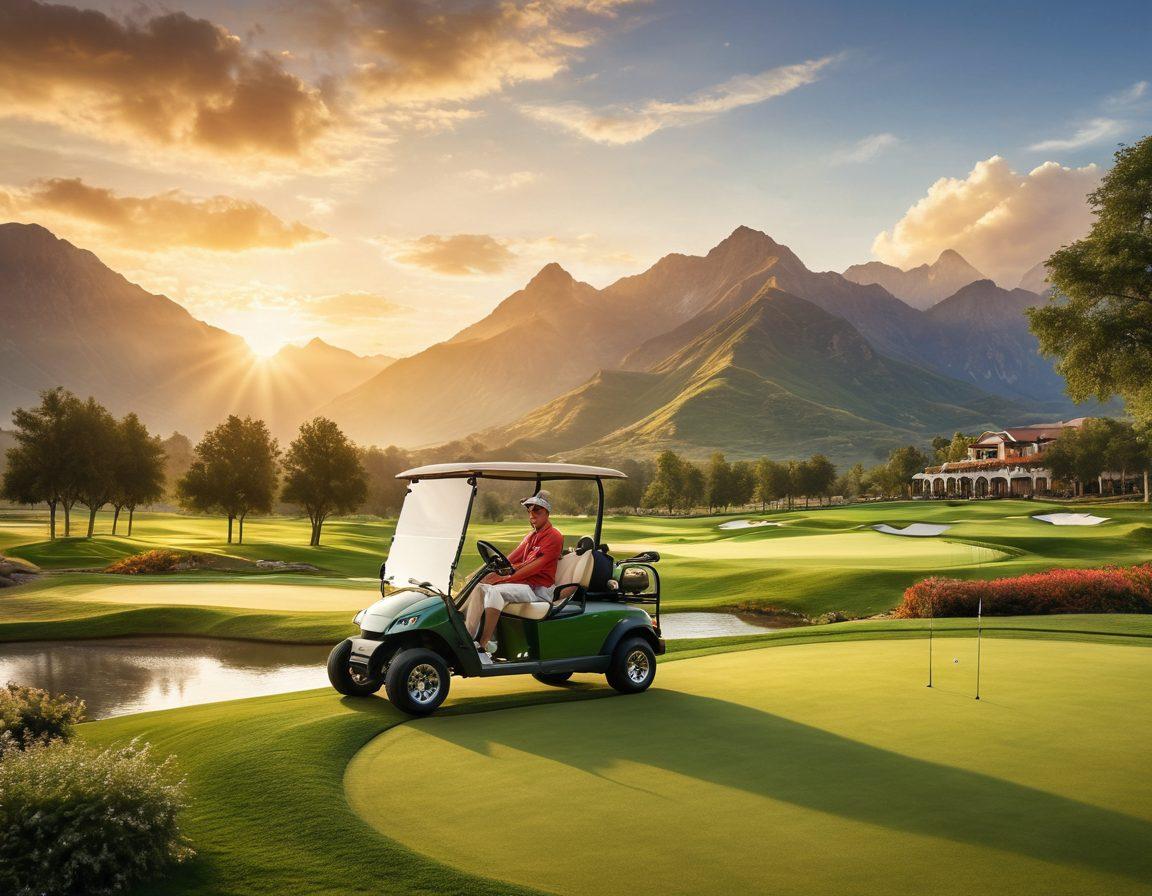 A serene, lush green golf course set against a backdrop of majestic mountains at sunrise, with a stylish golfer mid-swing wearing premium, trendy golf attire. Include an elegant clubhouse in the distance and a luxury golf cart nearby. The image should exude exclusivity and sophistication. super-realistic. vibrant colors.
