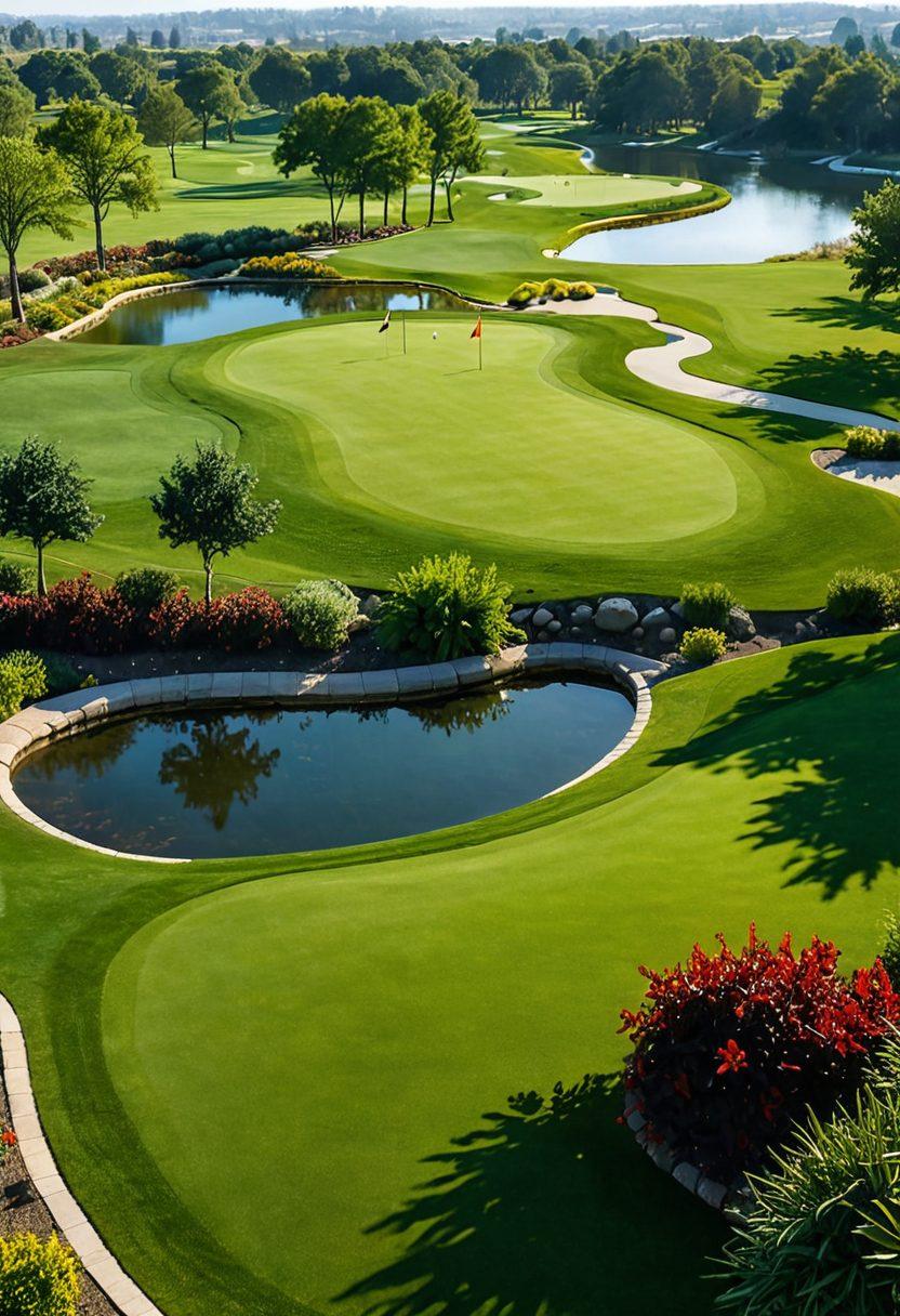 A luxurious golf club with lush green fairways, a grand clubhouse, and various sporting and dining facilities. Couples and friends enjoying a golf game, a lavish banquet event in progress, and beautifully manicured gardens. Super-realistic. Vibrant colors. Daylight setting.